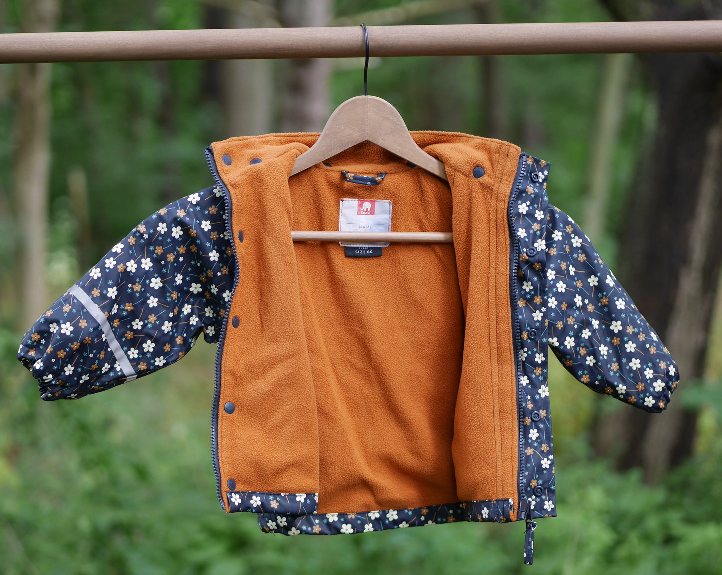 Printed Lined Rain Suit w/Bib - Navy Flowers- Size 80 (1 yr)