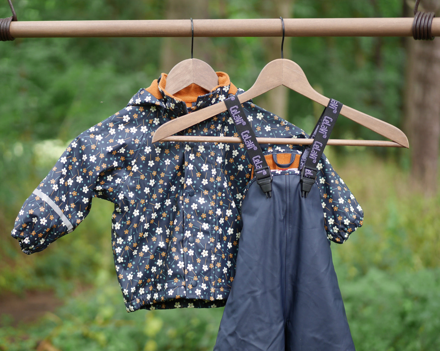 Printed Lined Rain Suit w/Bib - Navy Flowers- Size 80 (1 yr)