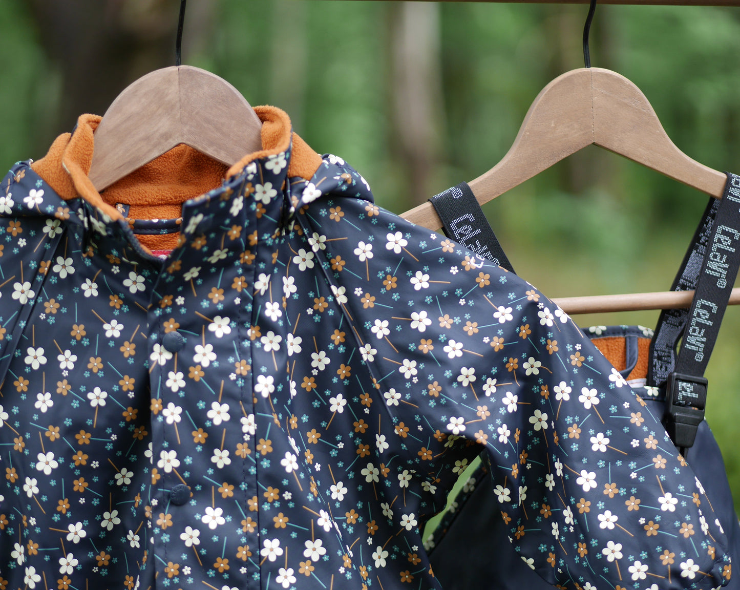 Printed Lined Rain Suit w/Bib - Navy Flowers- Size 80 (1 yr)