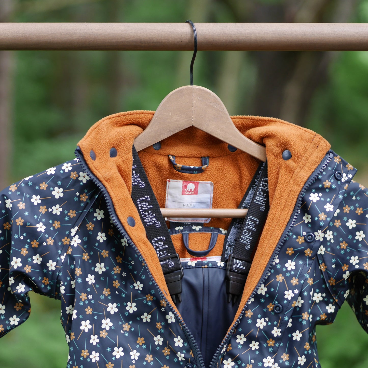 Printed Lined Rain Suit w/Bib - Navy Flowers- Size 80 (1 yr)