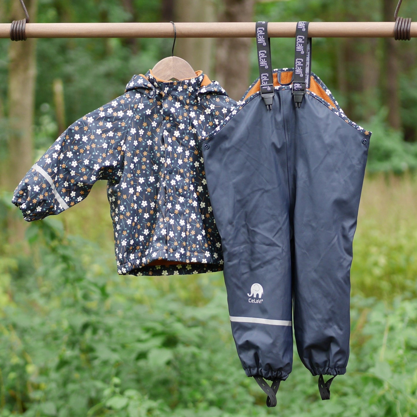 Printed Lined Rain Suit w/Bib - Navy Flowers- Size 80 (1 yr)
