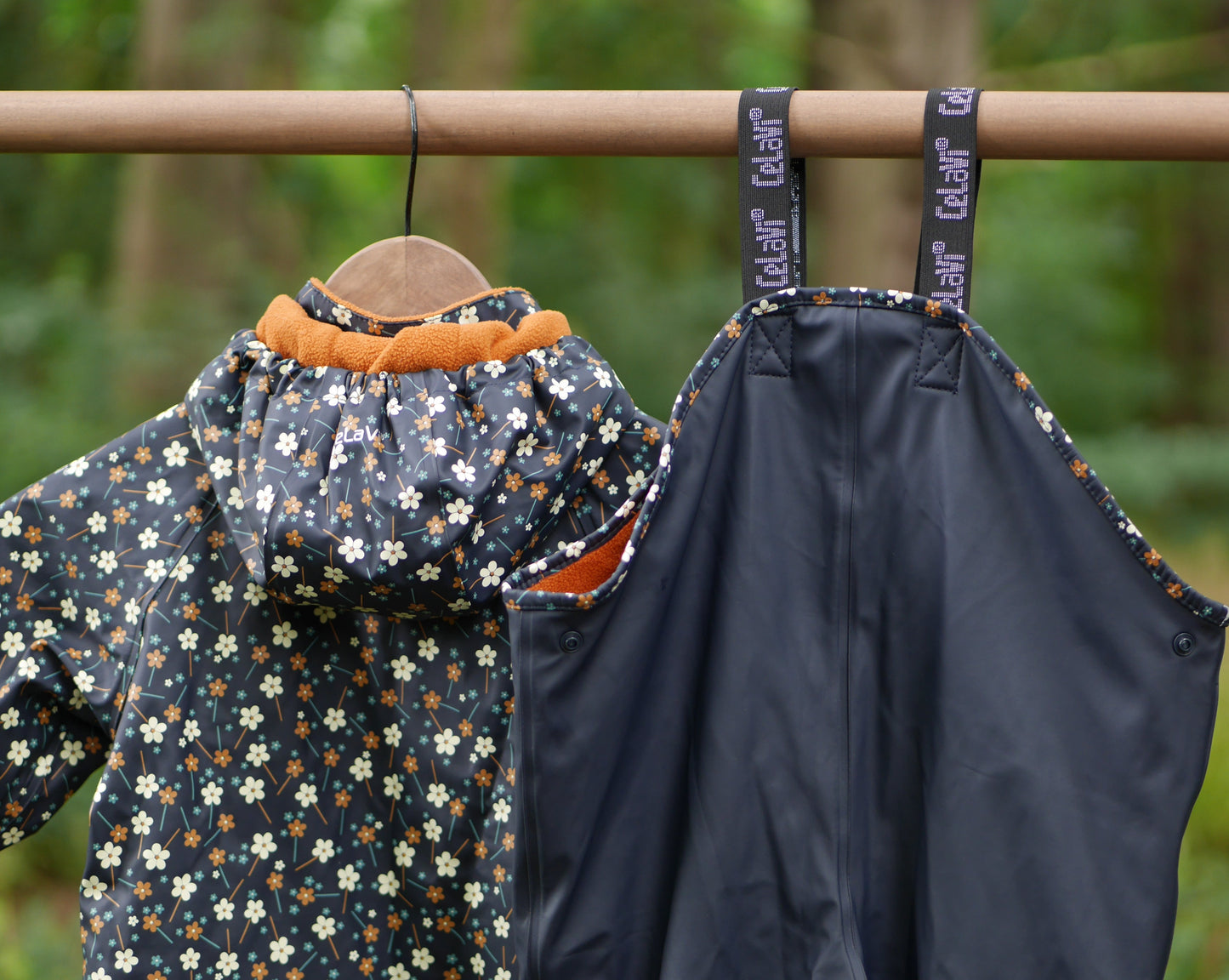 Printed Lined Rain Suit w/Bib - Navy Flowers- Size 80 (1 yr)